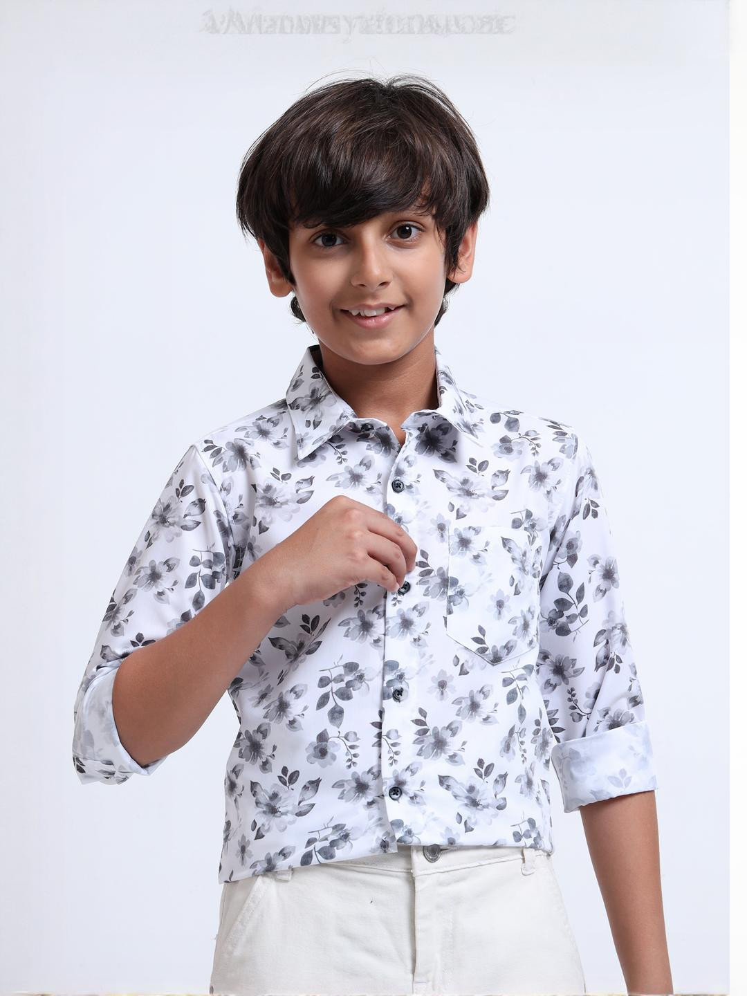 Boy's Cotton Blend Single Pocket Casual Printed Shirt