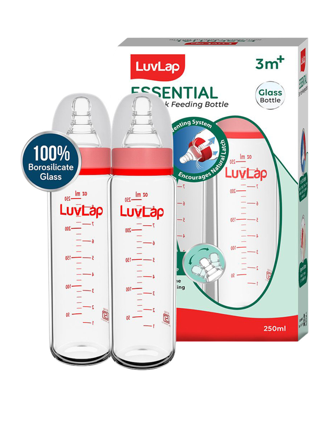 LuvLap 2-Pcs Red Slim Neck Glass Feeding Bottle250ml