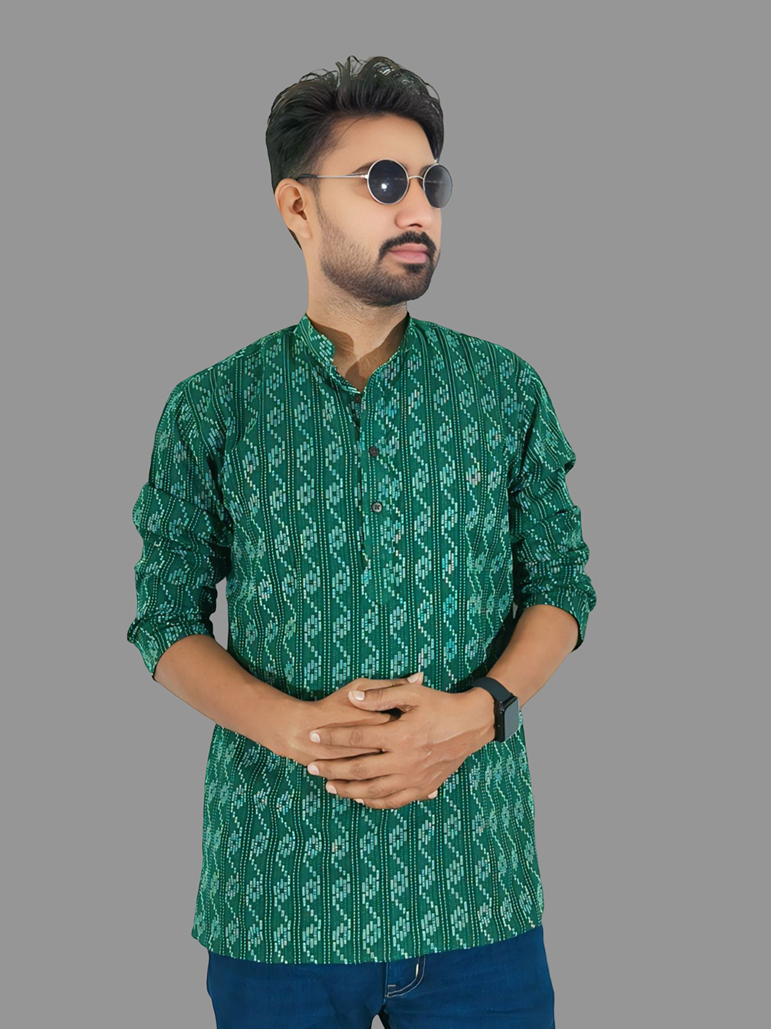 LADSLOOM Geometric Printed Mandarin Collar Pure Cotton Straight Short Kurta