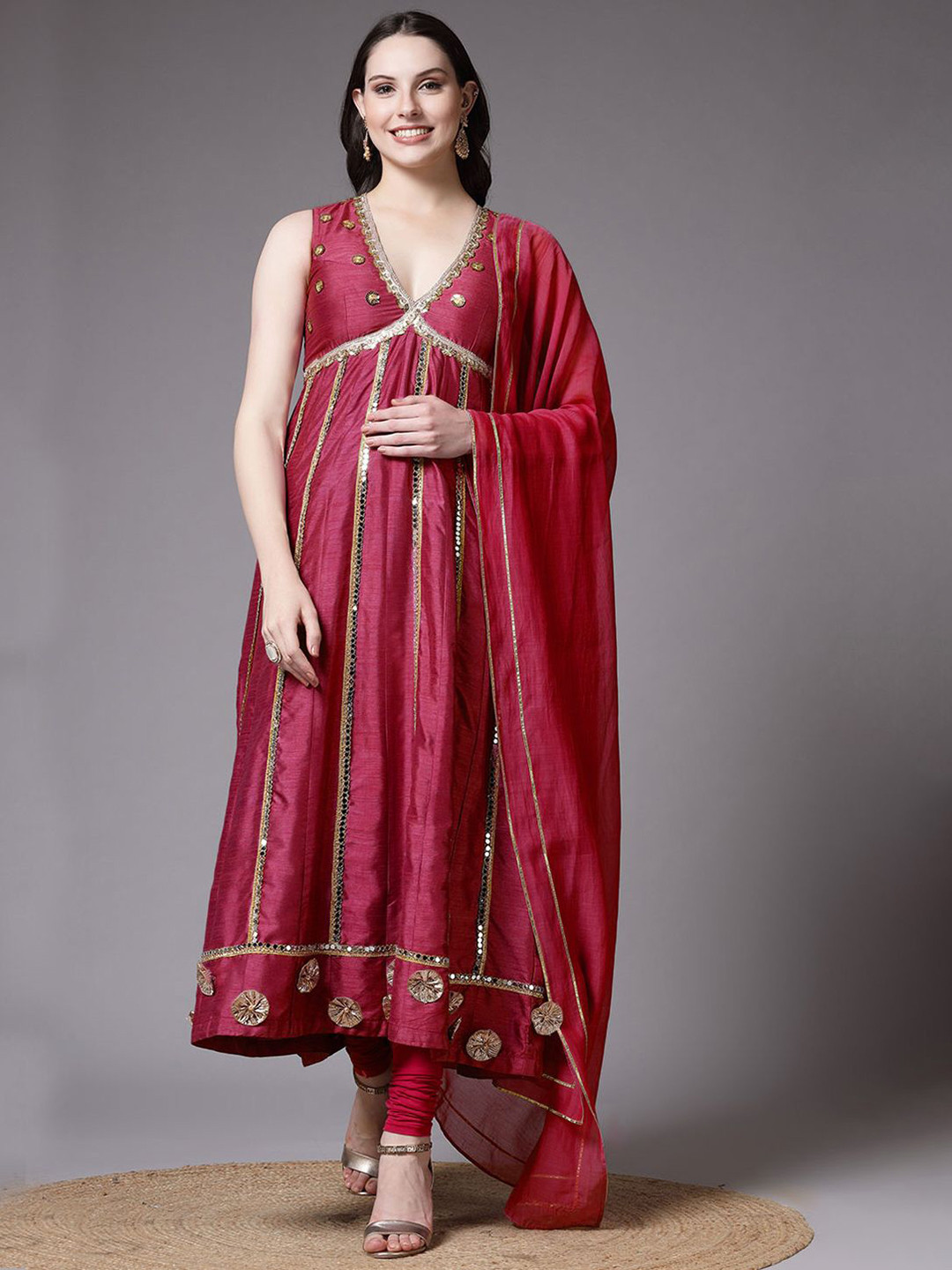 Utsav Fashion Geometric Embroidered Empire Mirror Work Dupion Silk Anarkali Suit