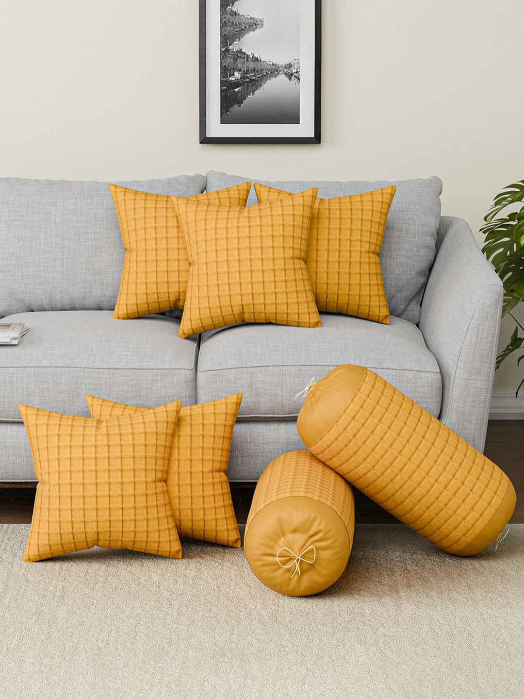 RUBOXA Mustard 7 Pieces Microfiber Checked Cushion & Bolster Covers