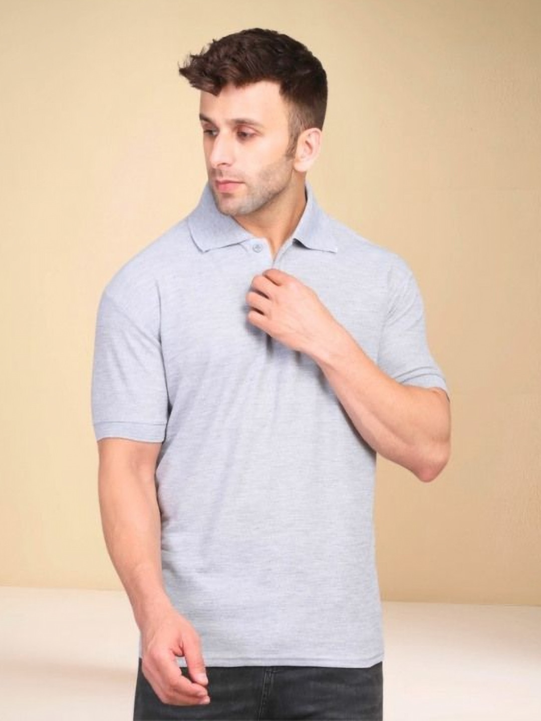 URBANICE Grey Polo Collar Regular Fit Casual T-shirt
