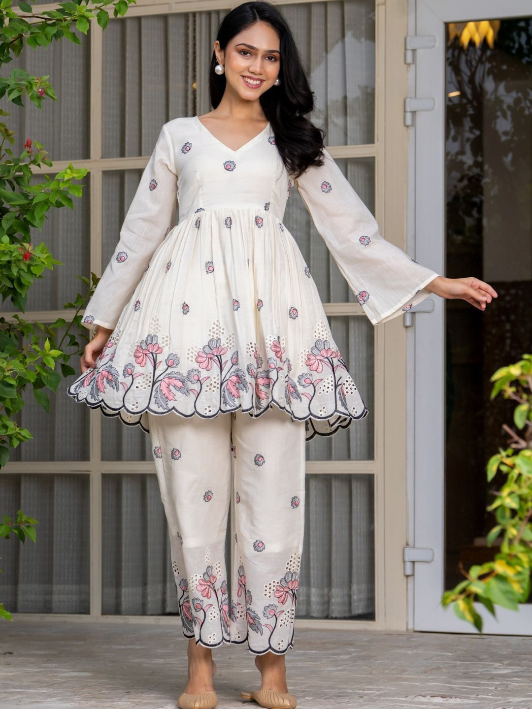 HOUSE OF JAMOTI  Embroidered V Neck Top With Trousers Meadow Mist Co Ord Set