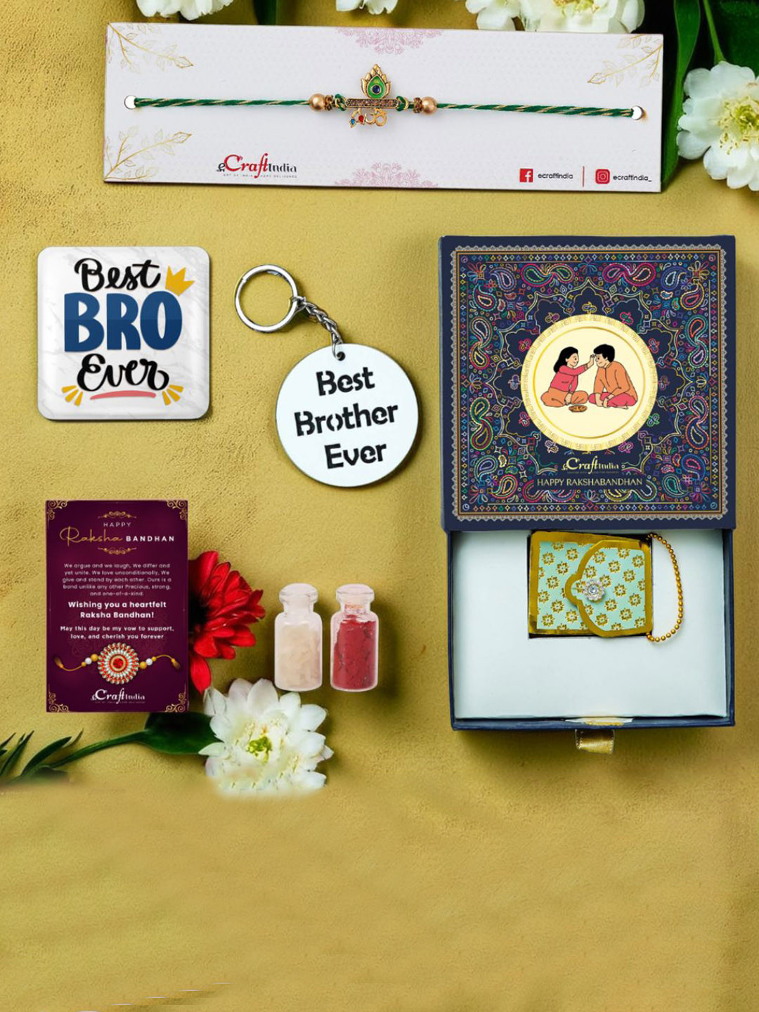 eCraftIndia Rakhi Om Peacock Rakhi With Keychain And Magnet And Card And Roli