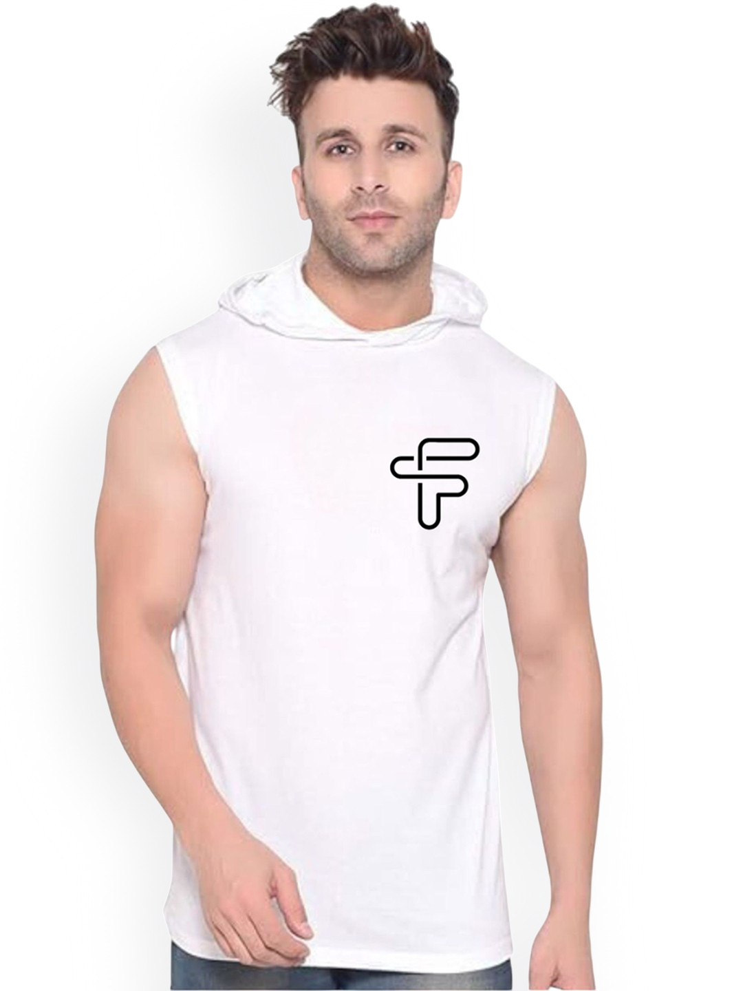 FABSTIEVE Printed Cotton Hooded Gym Vest  VK-44B_pt-123 White M