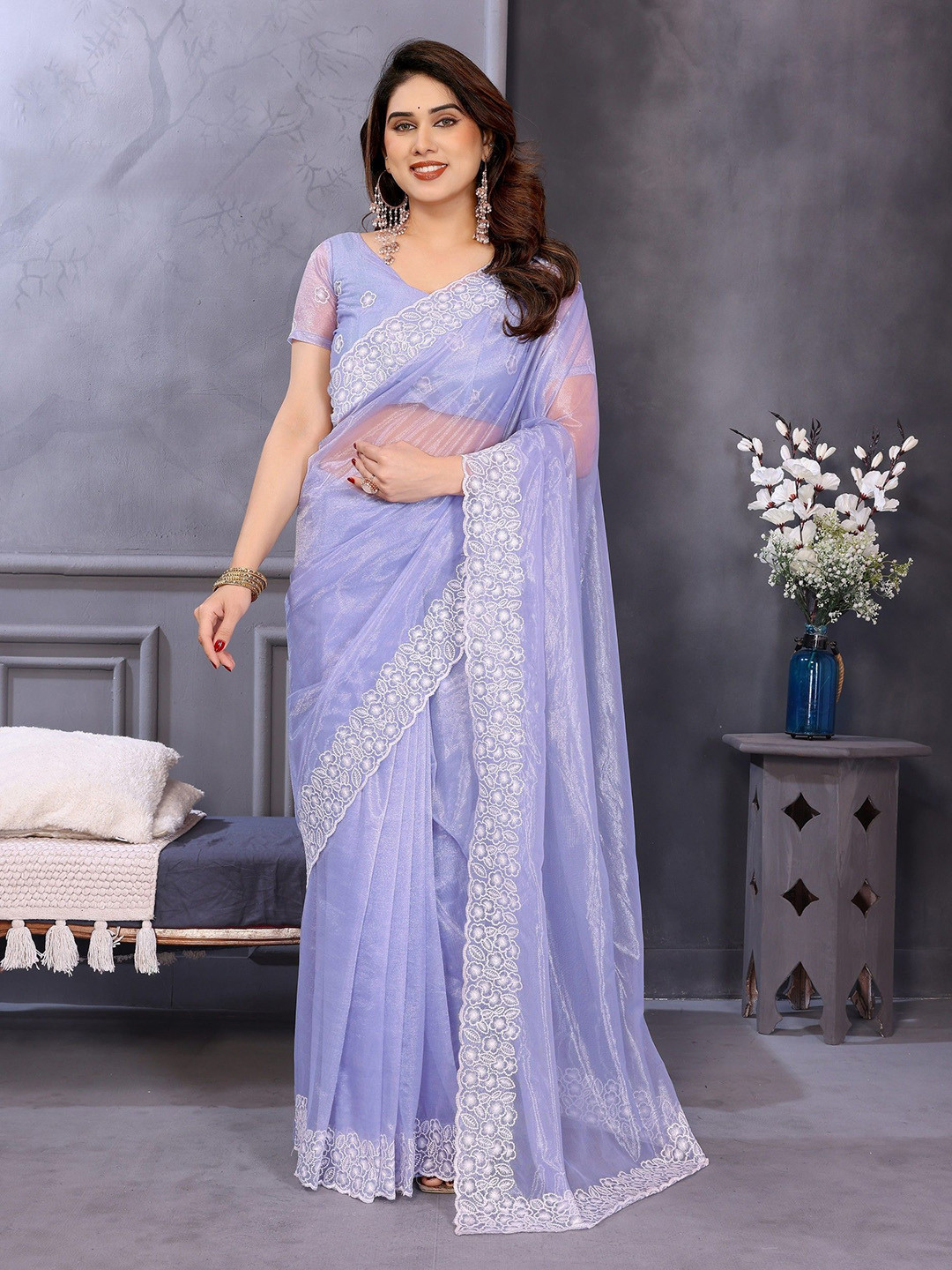 Panzora Embroidered Net Saree With unstitched blouse piece