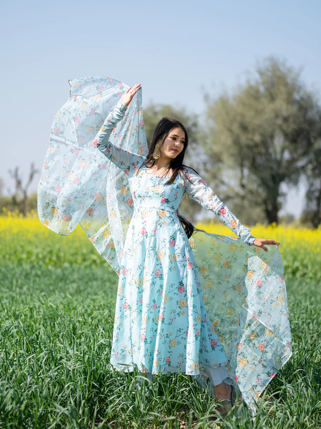 Femvy Women Floral Printed Round Neck Cotton Ethnic Dresses Comes with a Dupatta