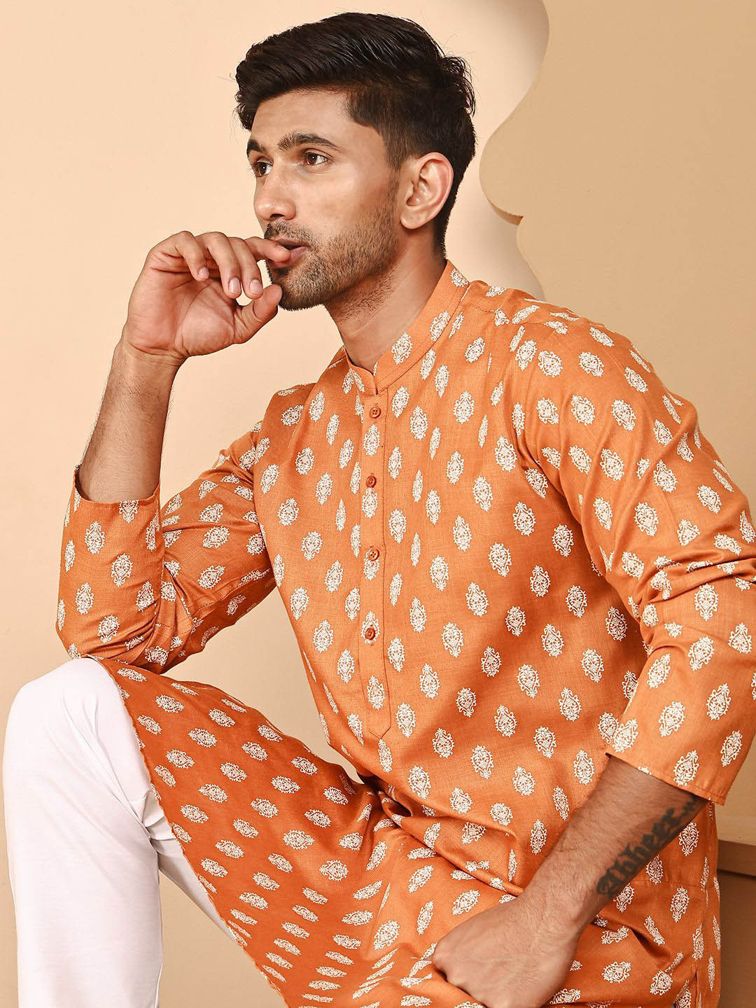 Jompers Men Floral Printed Mandarin Collar Kurta