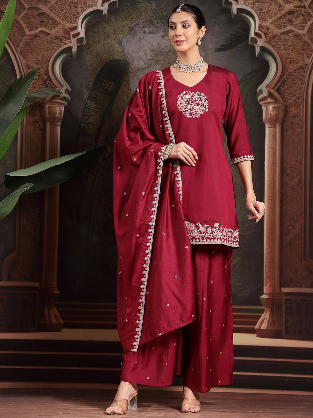 Yufta Women Ethnic Motifs Embroidered Regular Thread Work Kurta & Palazzo with Dupatta