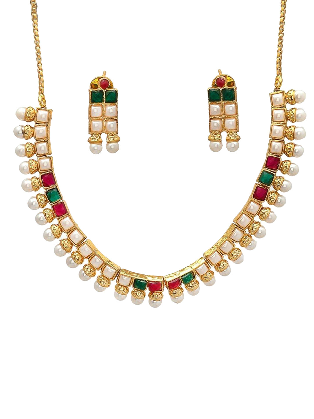 Geode Delight Gold-Plated American Diamond-Studded & Pearls Beaded Jewellery Set