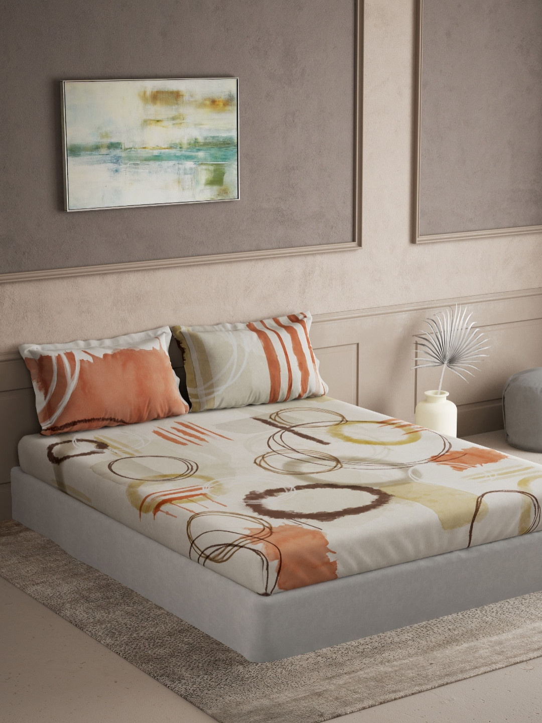DDecor Souvenir Orange & White Cotton Abstract 145 TC King Bedsheet with 2 Pillow Covers