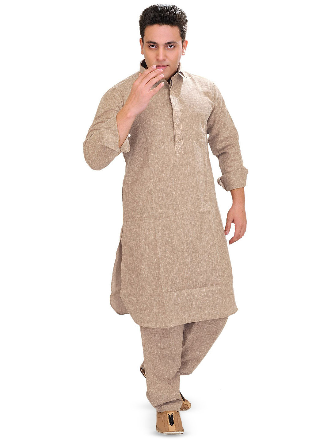 Exotic India Men Pure Cotton Plain Pathani Kurta Salwar with Thread Embroidery on Neck