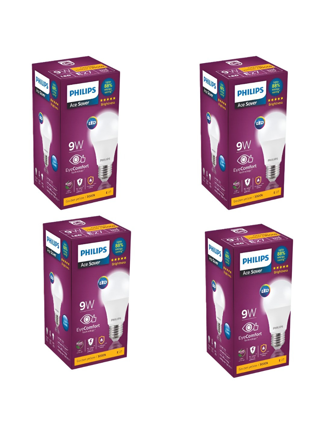 Philips 4 Pcs Ace Saver 9W Eye Comfort Technology Light Bulb - Golden Yellow