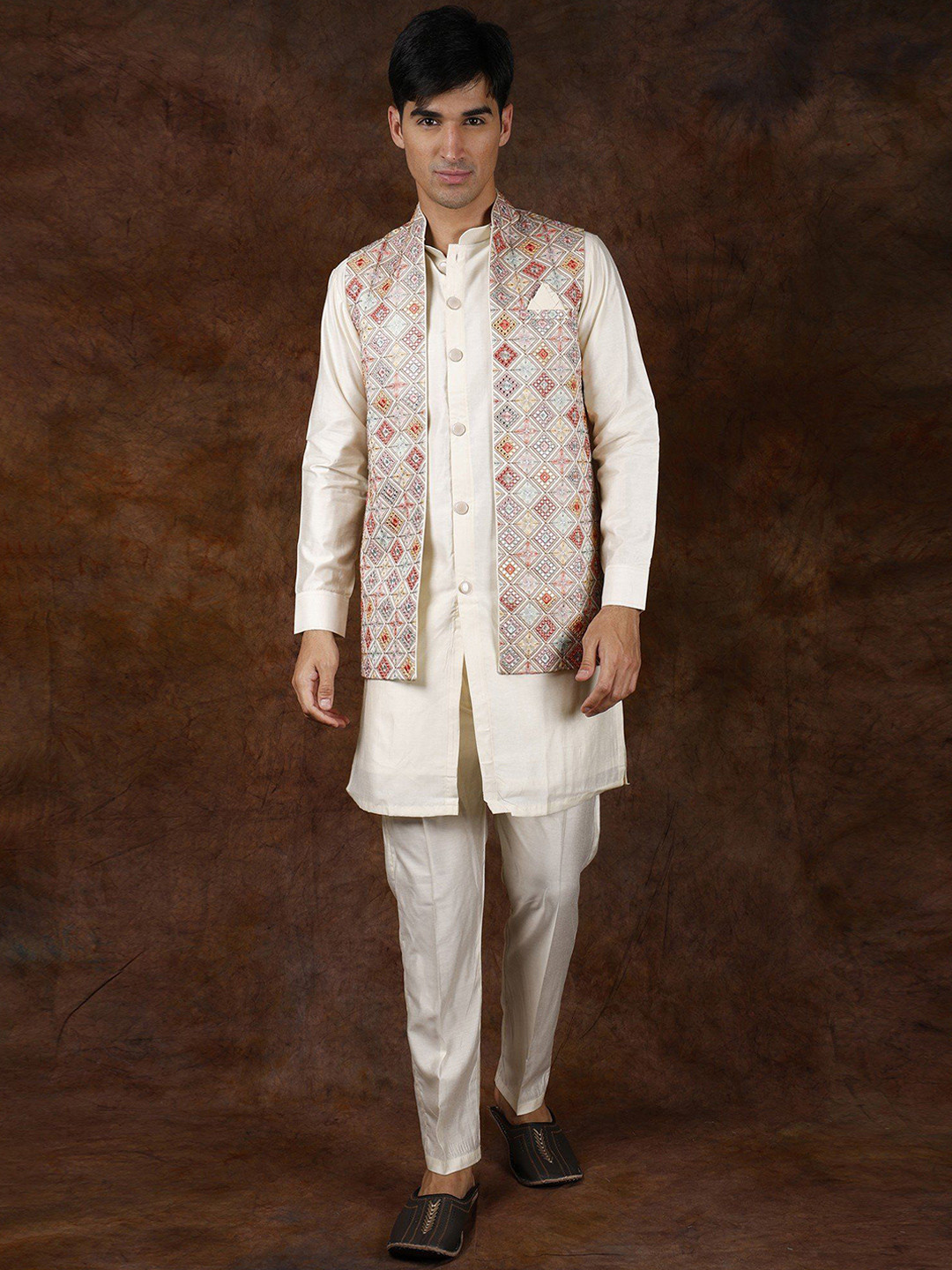 Exotic India Men Polycotton Three Piece Kurta Pajama Set with Waistcoat & Meenakari