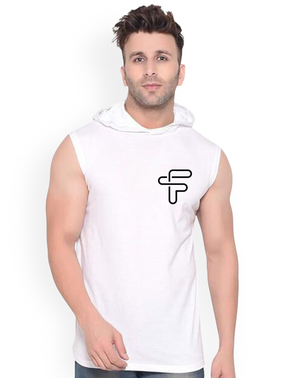 FABSTIEVE Printed Cotton Hooded Gym Vest  VK-44B_pt-102 White M