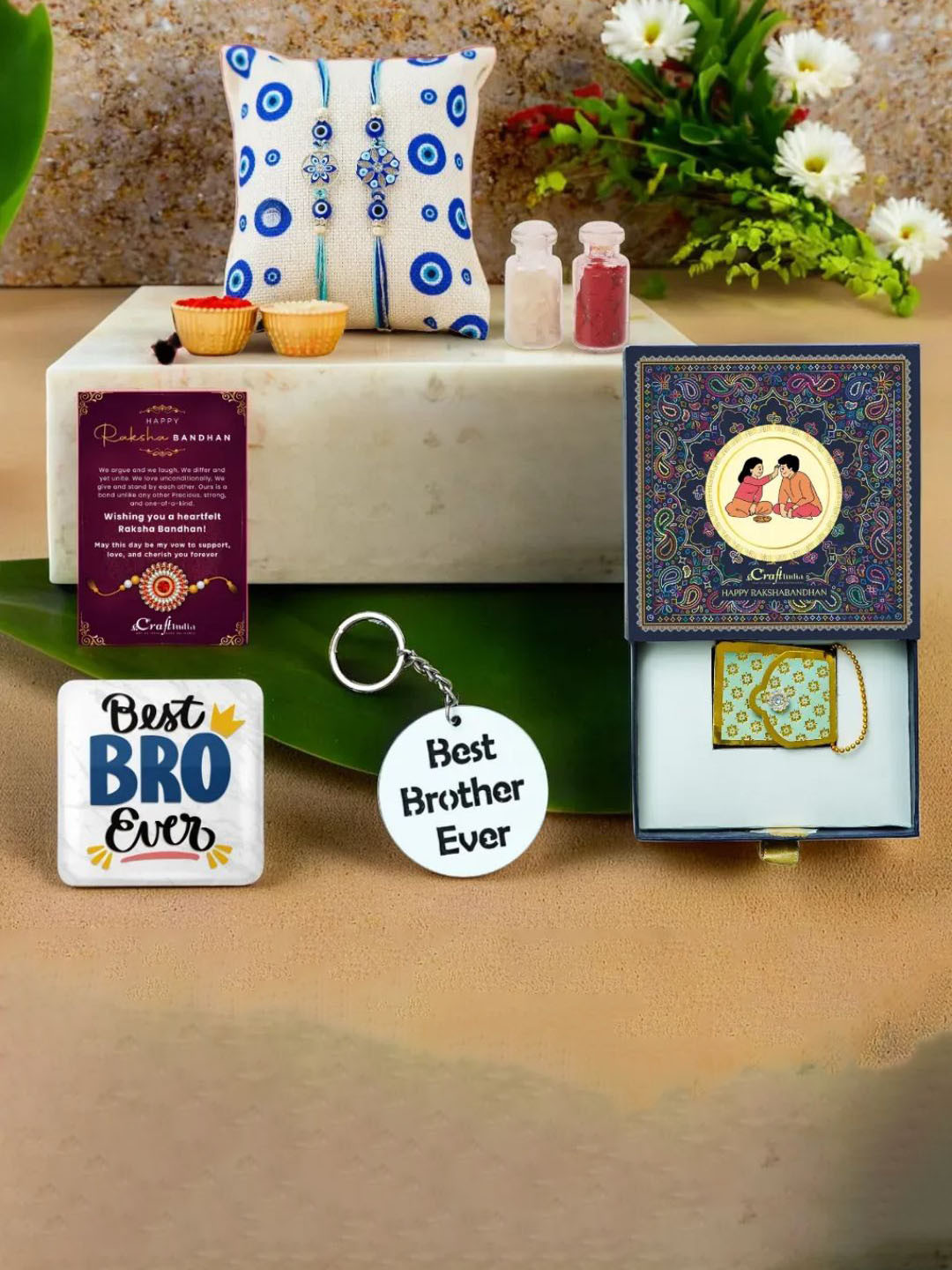 eCraftIndia 2Pc Rakhis Magnet Keychain Card & Roli Chawal