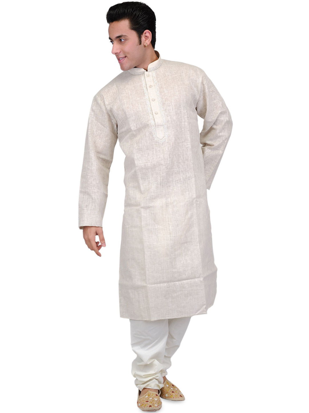 Exotic India Men Almond-Buff Pure Cotton Kurta Pajama with Thread Embroidery on Neck