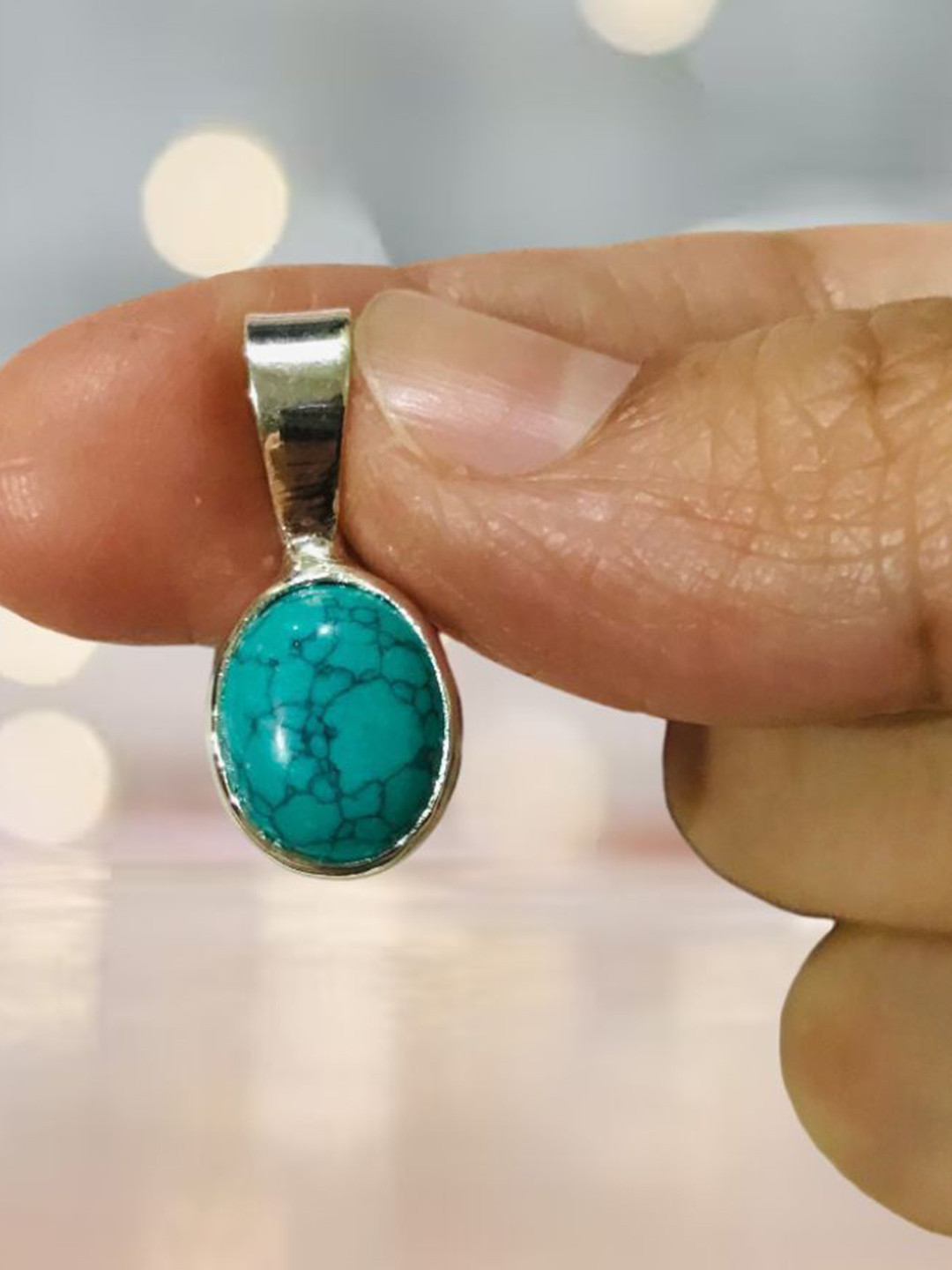 GenZcomplex Turquoise Blue Silver-Plated Oval Pendants