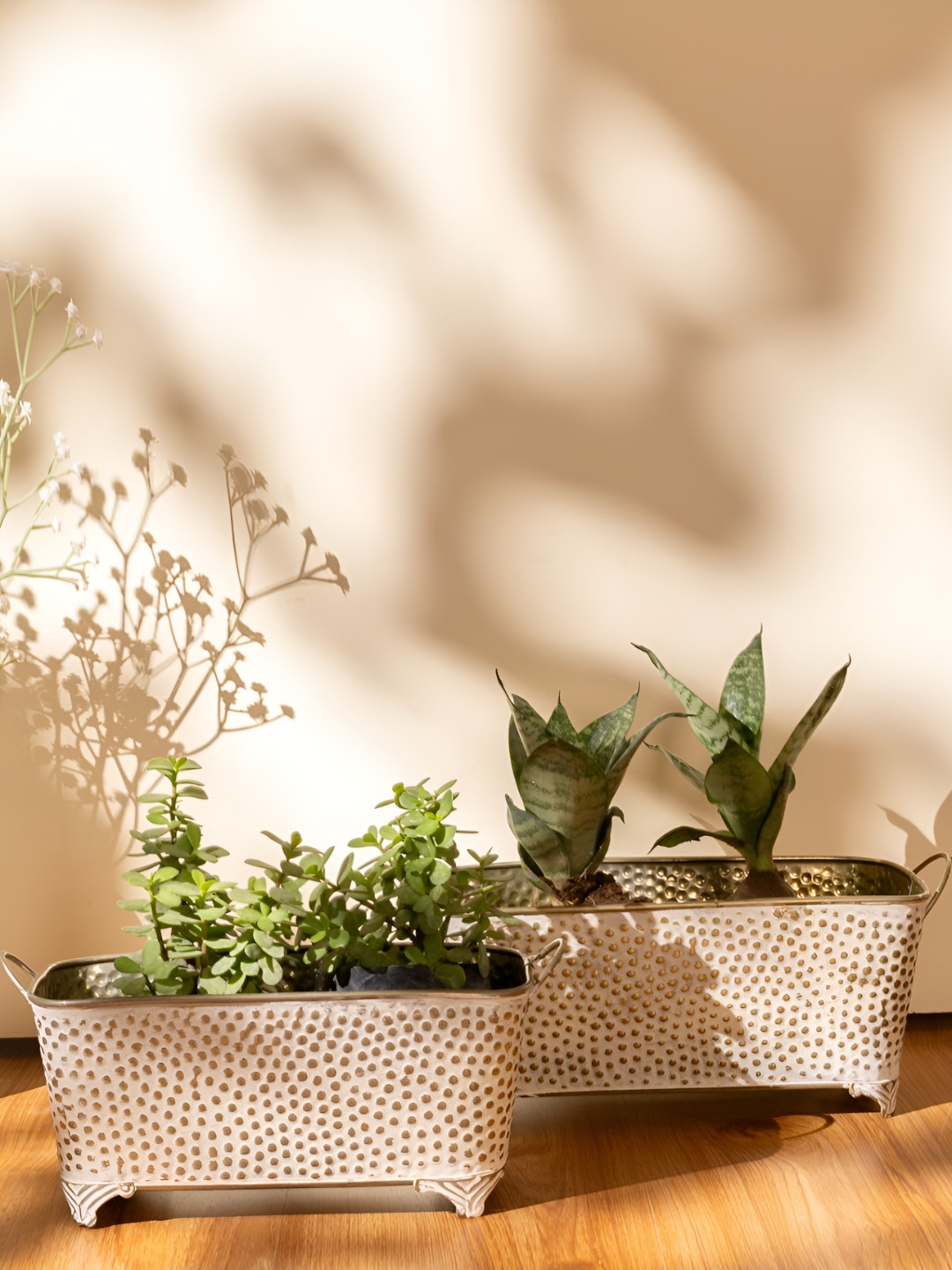 THREADVIBE LIVING White & Yellow Polka Dotted Long Basket Planters