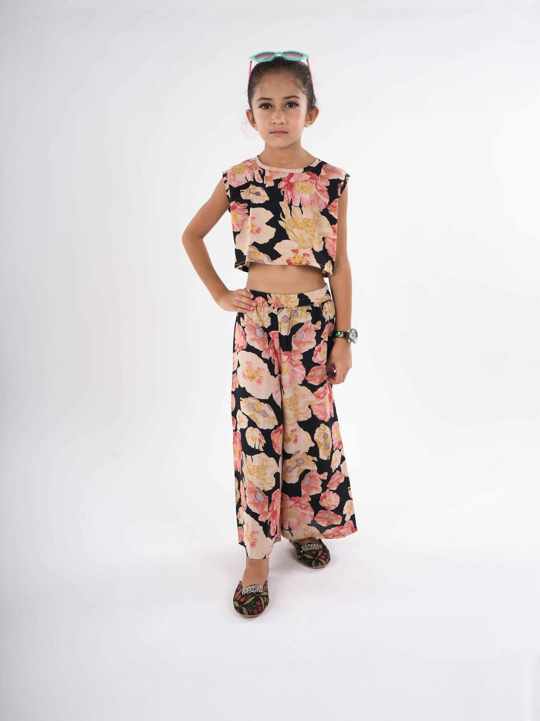 FabJunior Multicolor Floral Print Crop Top & Palazzo Clothing Set