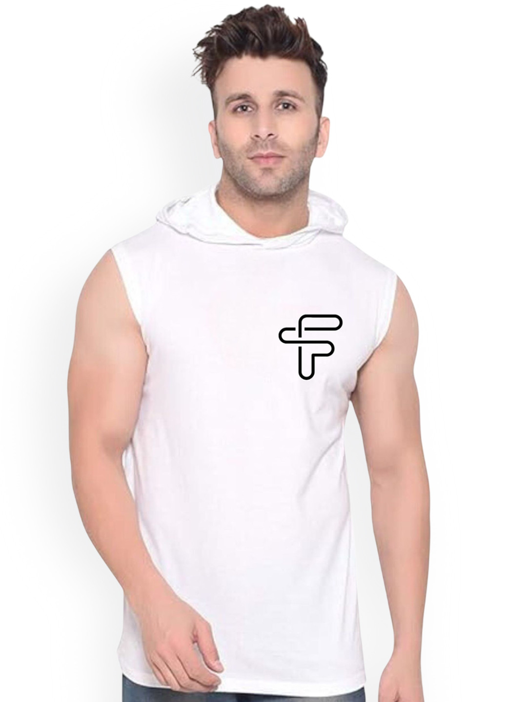 FABSTIEVE Printed Cotton Hooded Gym Vest  VK-44B_pt-111 White M