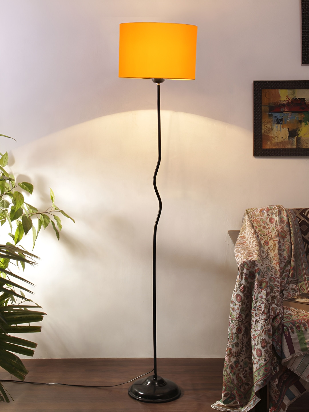 Devansh Yellow & Black Cylindrical FloorLamps WithShade