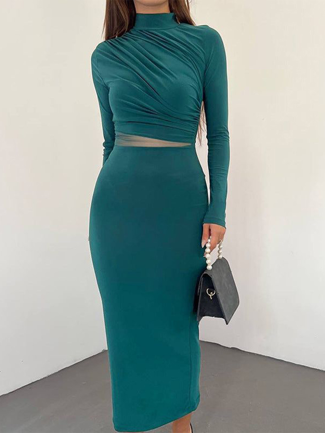 Outzidr Women Cut Out Side Ruched Bodycon Midi Dress