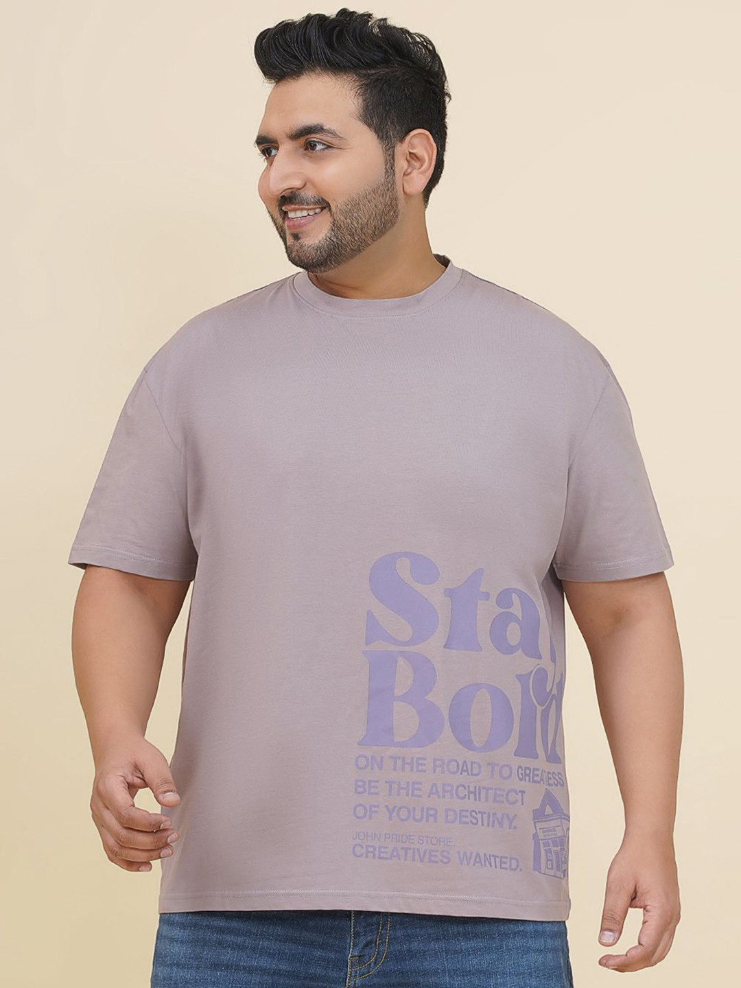 John Pride Plus Size Men Typography Printed Short Sleeves Loose Fit Cotton T-shirt