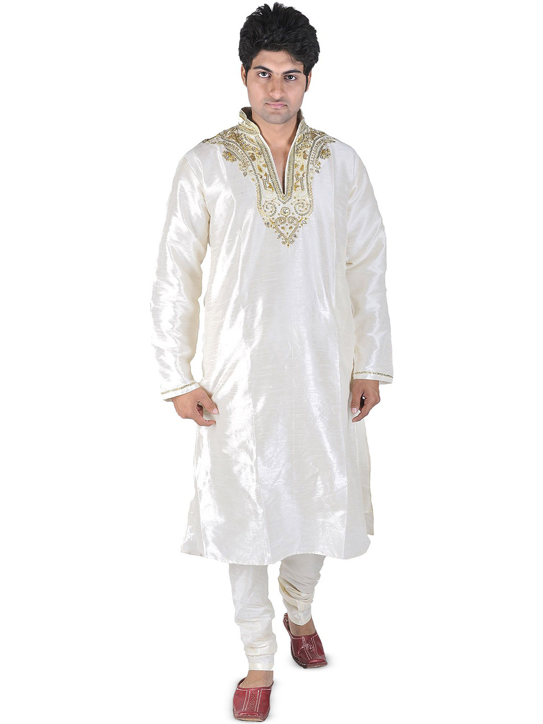 Exotic India Men Ivory Wedding Kurta Pajama with Zardozi Embroidery on Neck