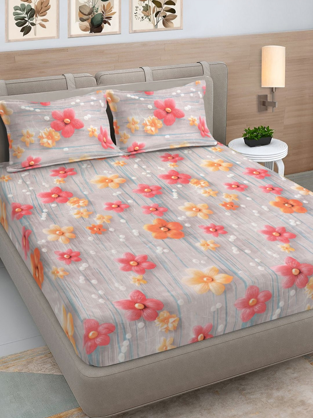 FABINALIV Grey & Pink Floral 300 TC King Size 7D Bedsheet & 2 Pillow Covers