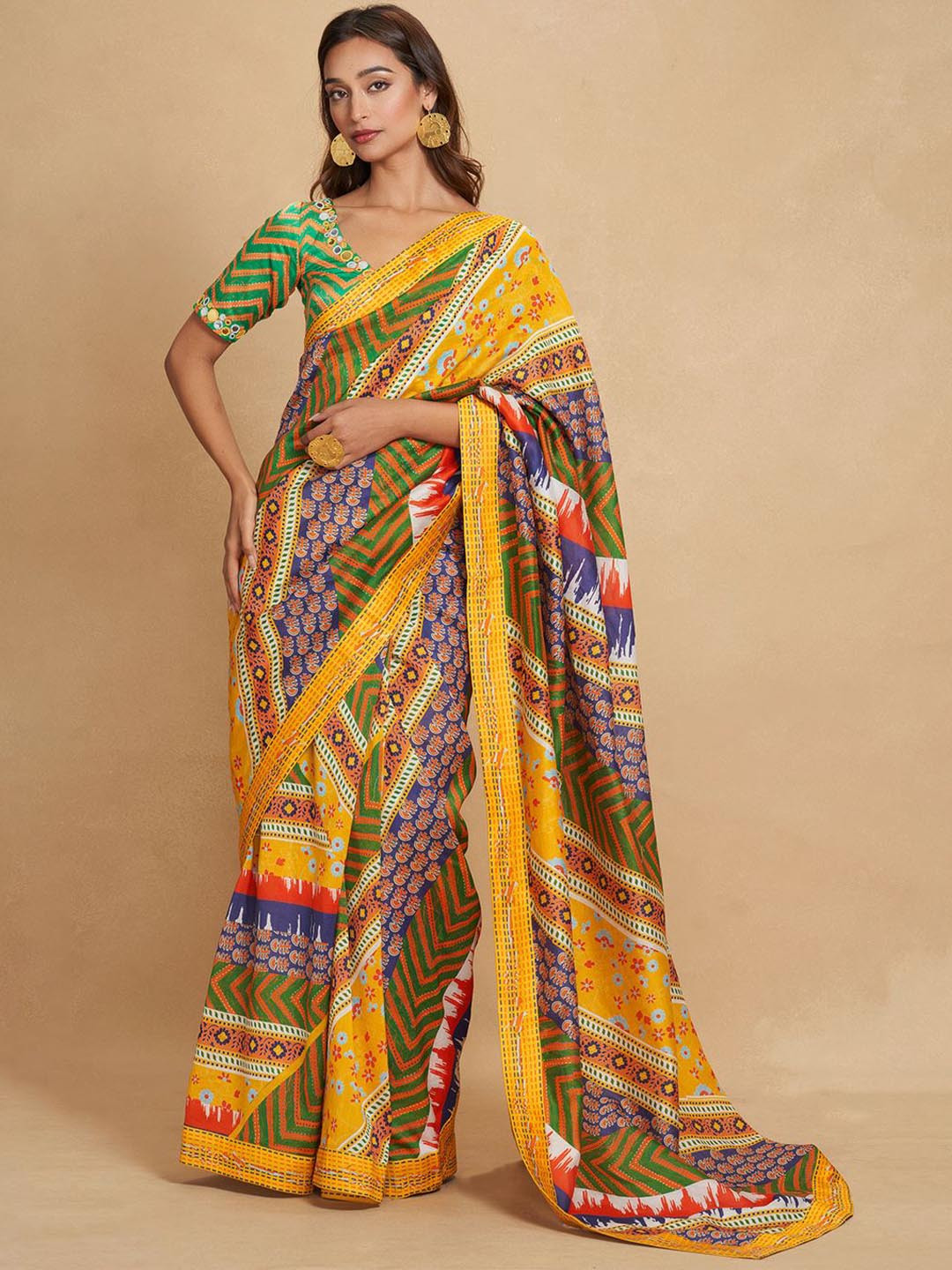 Gulabo by Abu Sandeep Ethnic Motifs Printed Mirror Work Modal Satin Saree Blouse