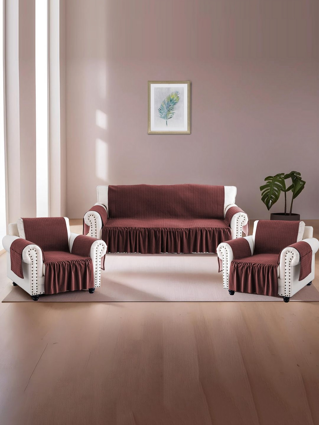 RUBOXA Maroon 3 Pieces Self Design Velvet 5 Seater Sofa Covers With Pocket Arms