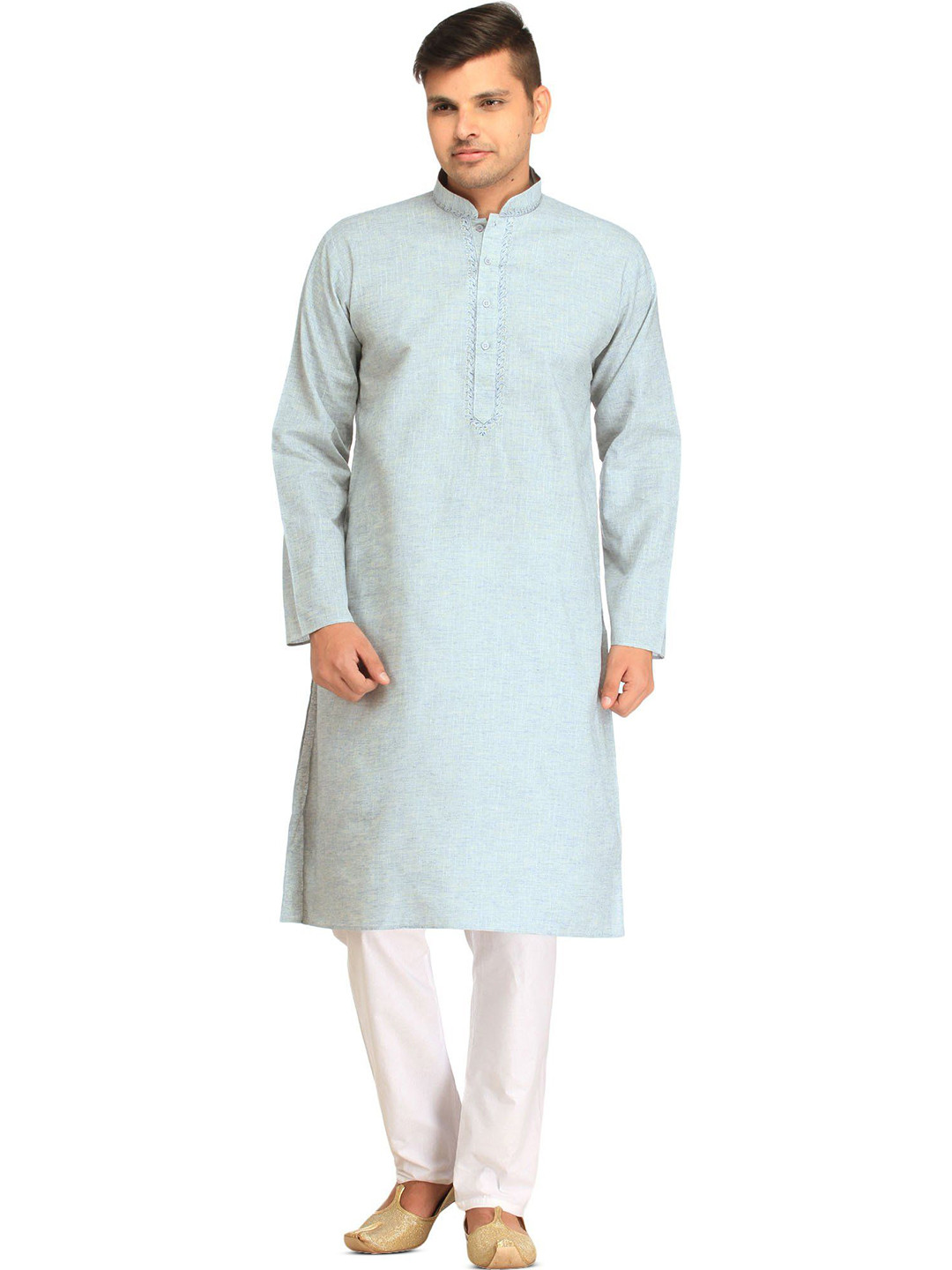 Exotic India Men Regular Pure Cotton Kurta with Pyjamas With Embroidery On Neck