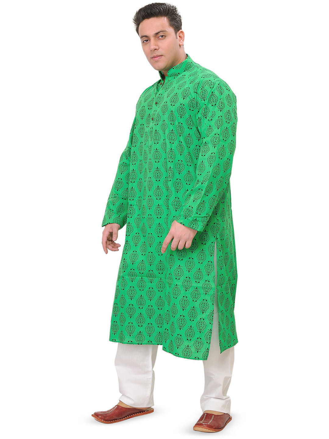 Exotic India Men Island-Green Pure Cotton Kurta Pajama Set with Floral Block-Print