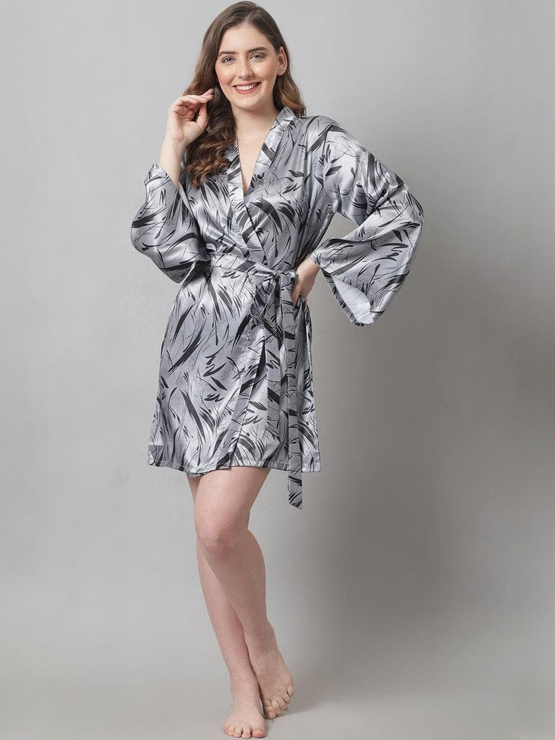 For You For Me Leaf Printed Satin Short Robe with Waist Tie