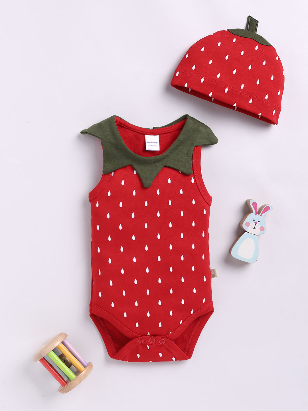 Moms Love Infant Boys Strawberry Pure Cotton Bodysuit Comes with a Cap