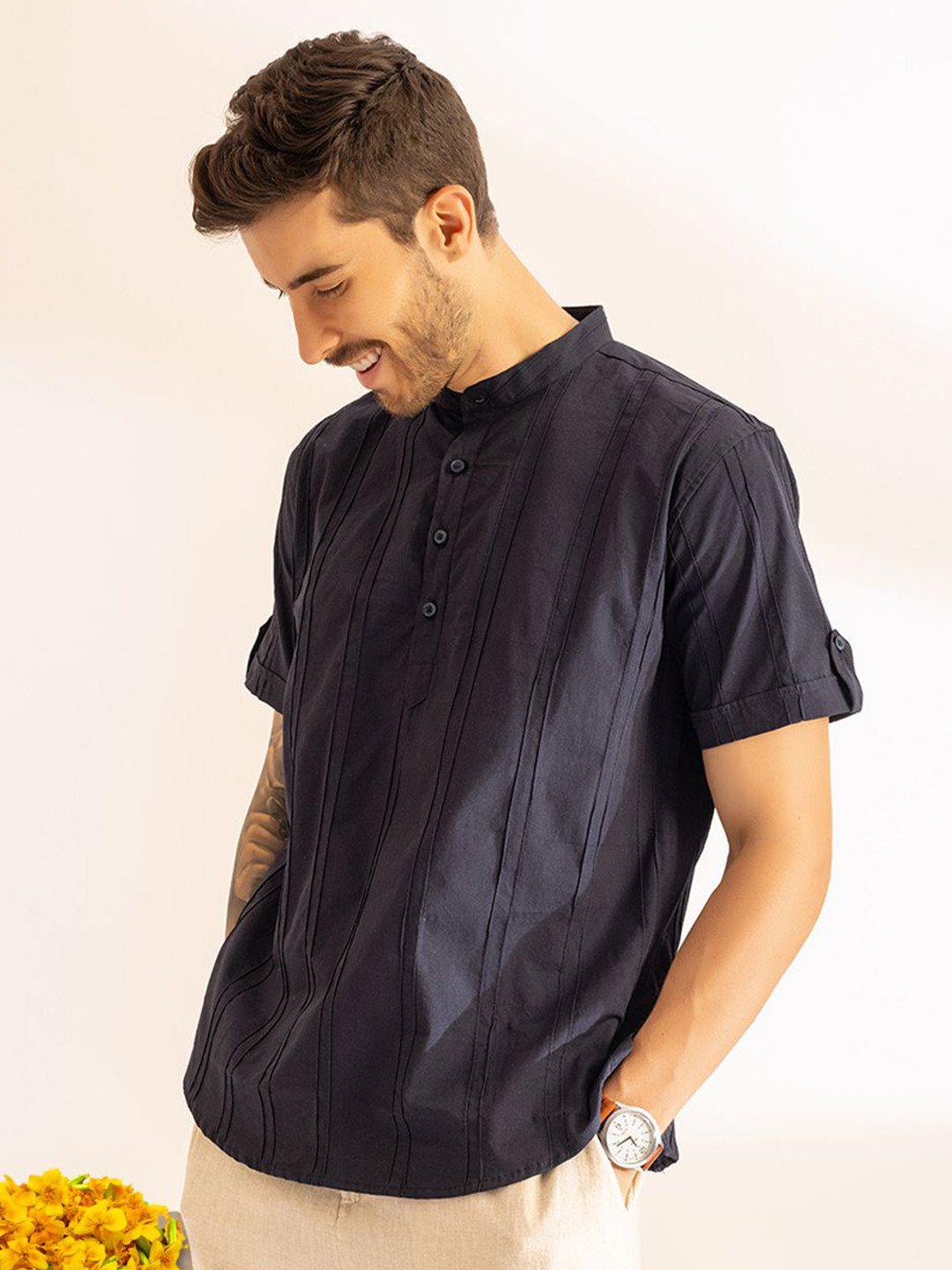 ARMISTO Pinstriped Band Collar Short Cotton Kurta