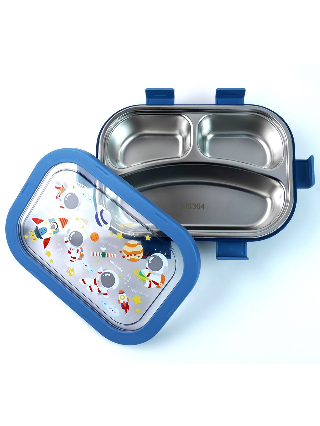 Little Surprise Box LLP Kids Blue Space Printed 3 Sections Stainless Steel Lunch Box
