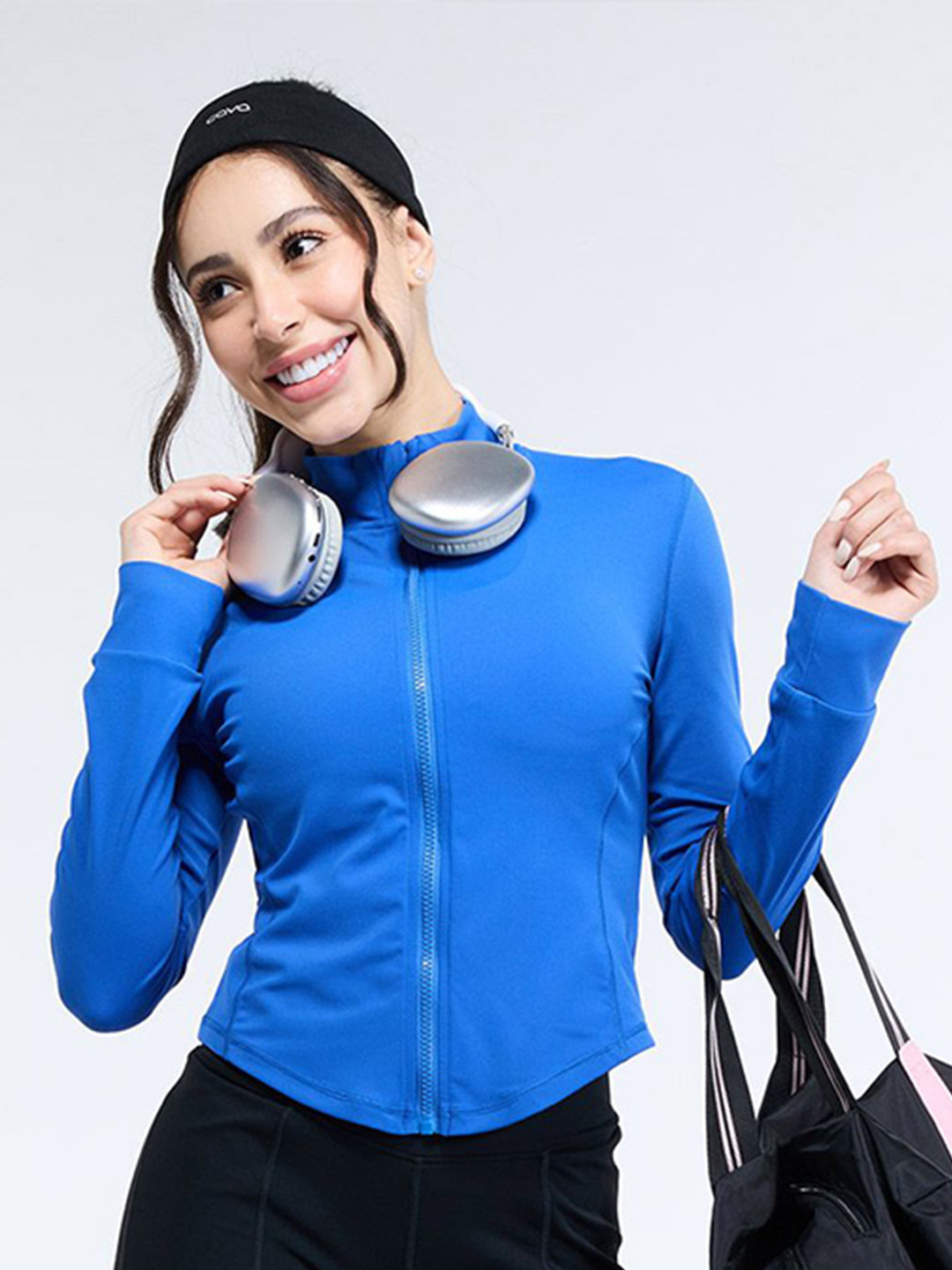 CAVA Women Solid Cobalt Mock Collar Lightweight Sculptor Jacket