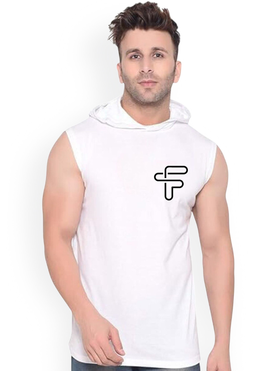 FABSTIEVE Printed Cotton Hooded Gym Vest  VK-44B_pt-69 White M