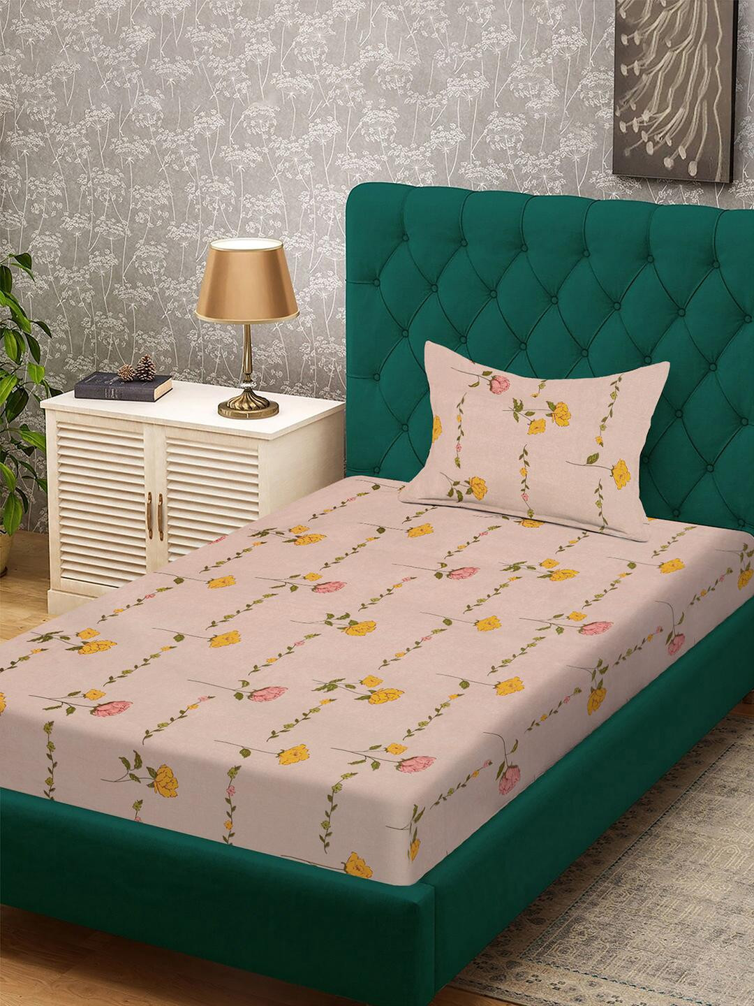 KLOTTHE adults Peach-Coloured & Yellow Floral 300 TC Single Bedsheet with 1 Pillow Covers