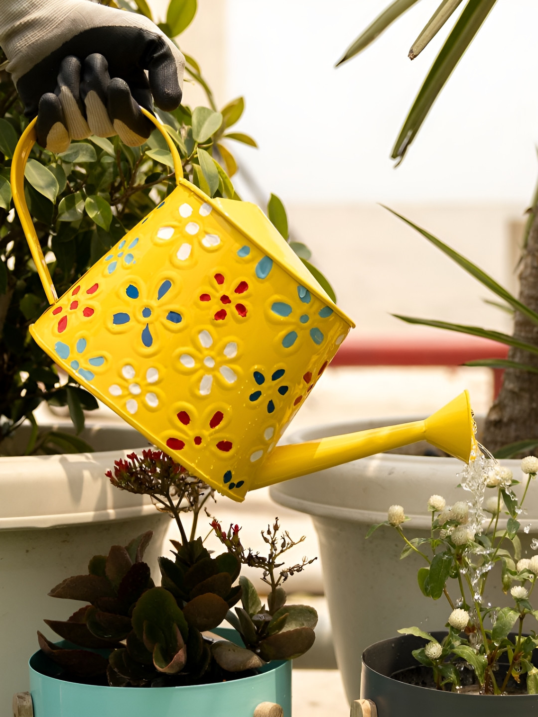 THREADVIBE LIVING Yellow & Red Floral Printed Traditional Watering Can