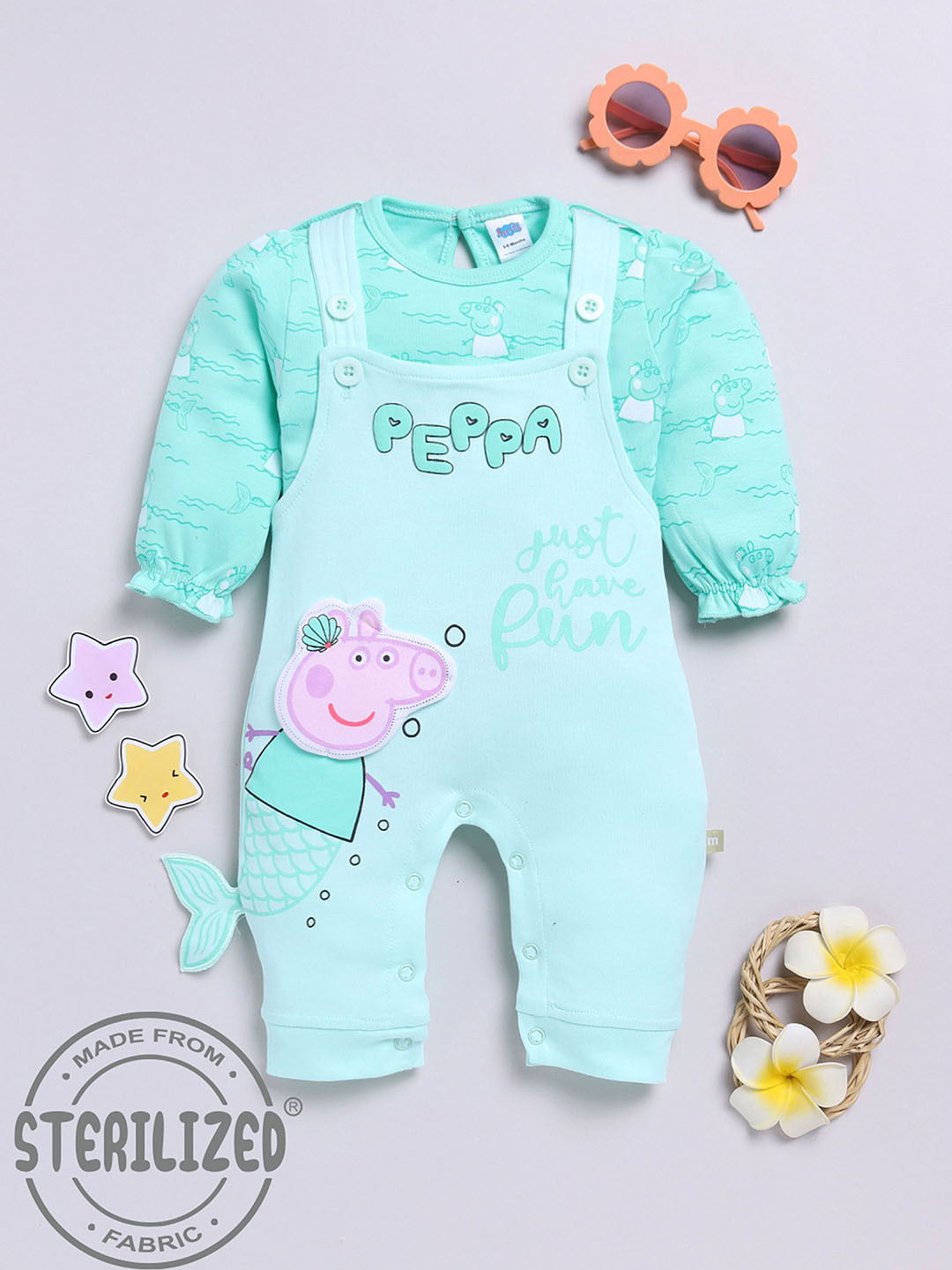 Moms Love Infants Girls Peppa Pig Printed Cotton Dungaree With T-Shirt