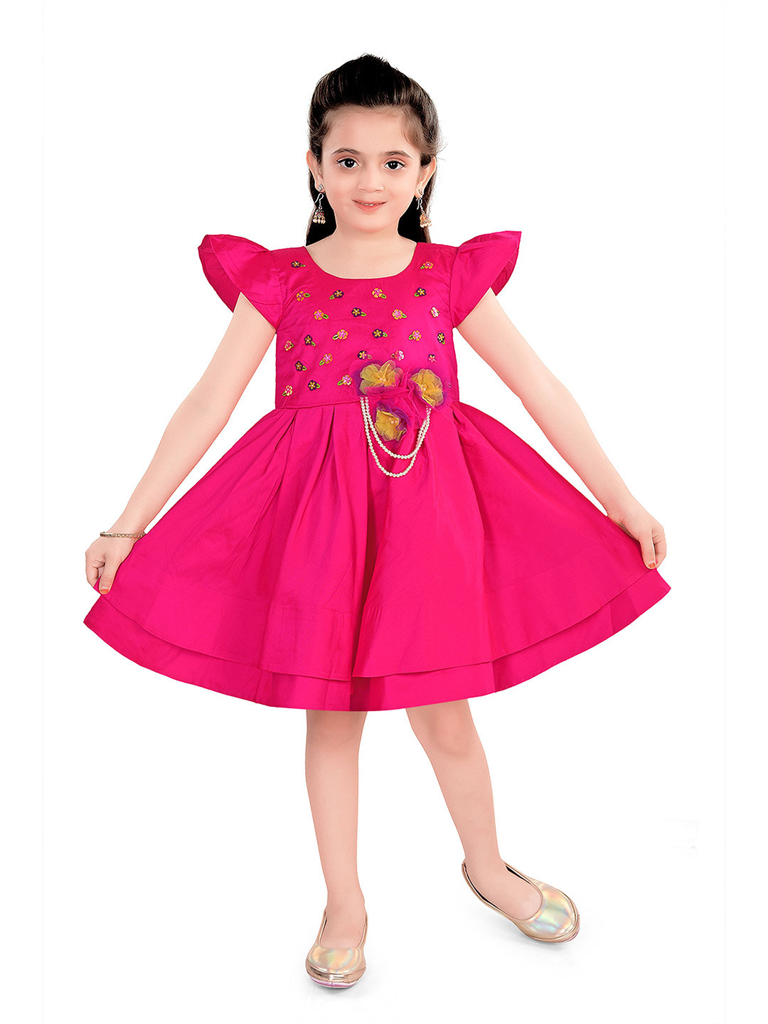 Pragya Exclusive Girls Floral Applique Cap Sleeves Fit & Flare Dress