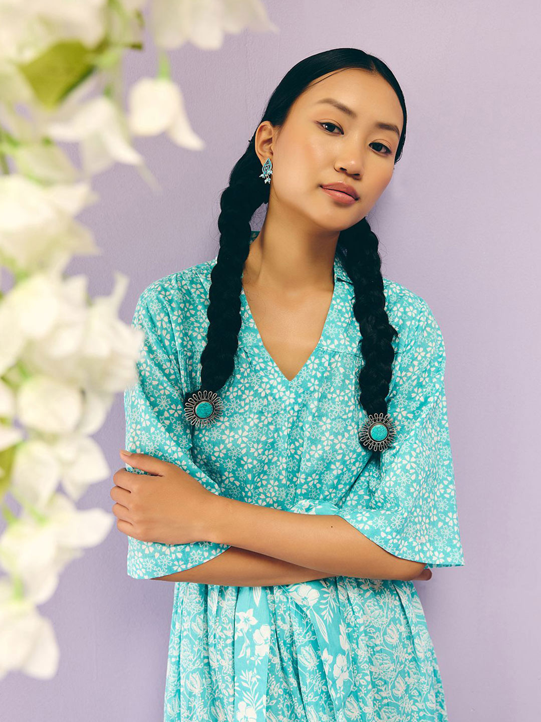 Prakriti Jaipur Women Floral Print Fit & Flare Blue Berry Long Dress