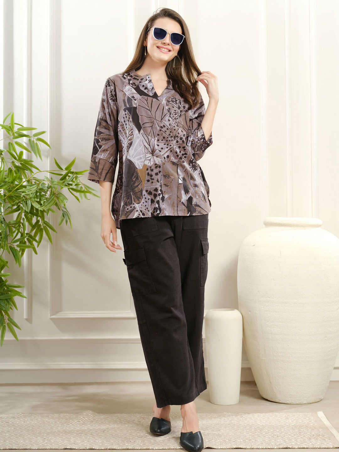 NIGHT FLOSS Women Mandarin Collar Printed Cotton Top