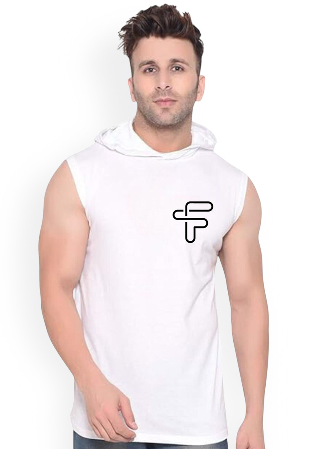 FABSTIEVE Printed Cotton Hooded Gym Vest  VK-44B_pt-117 White M