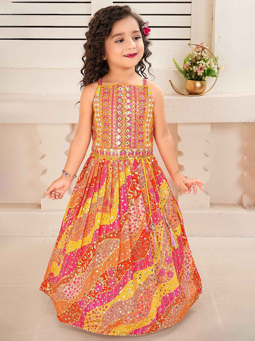 Lagorii Girls Embroidered Mirror Work Silk Chiffon Ready to Wear Lehenga & Blouse