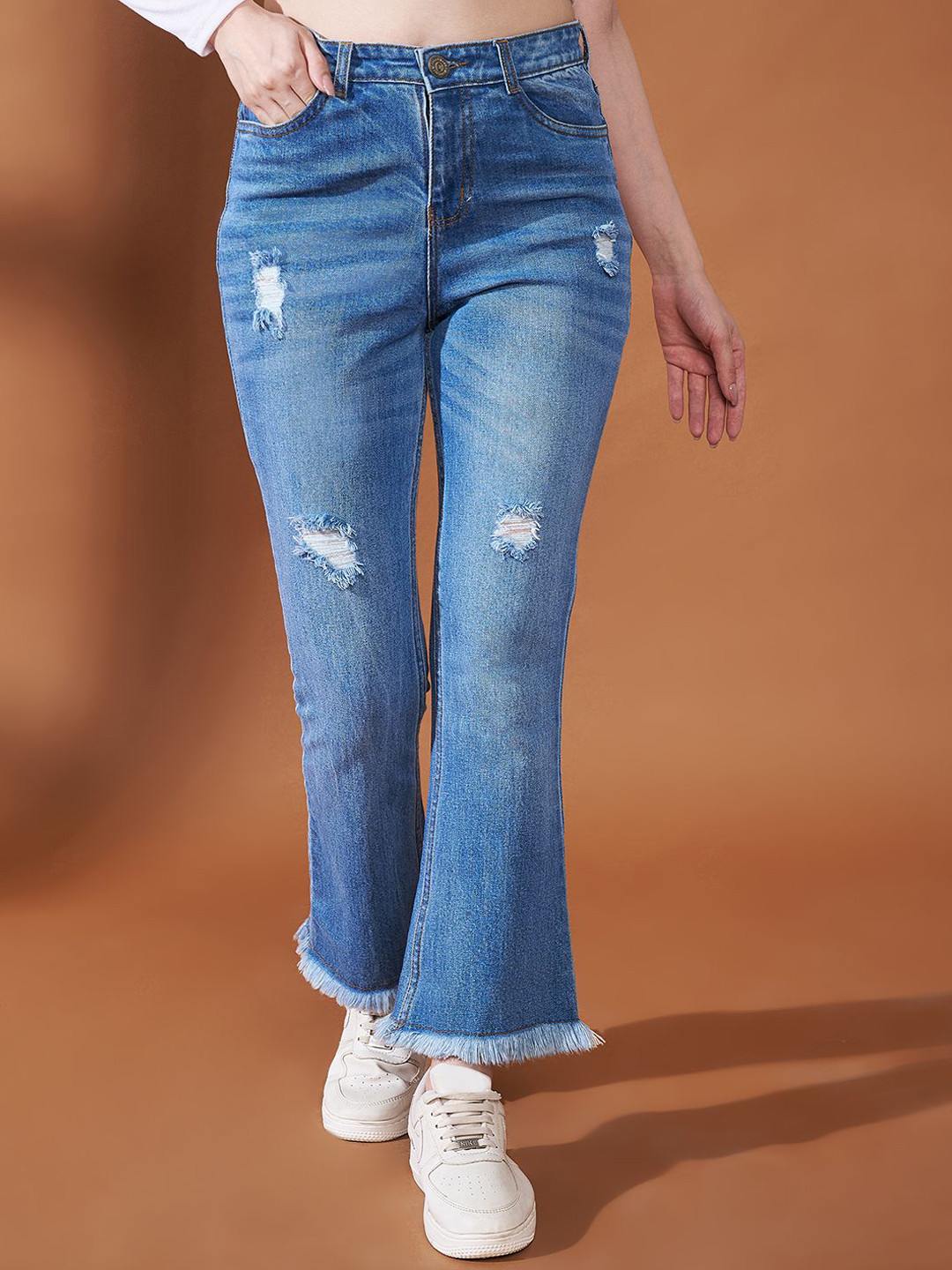 Novio Women Comfort Bootcut Mid-Rise Mildly Distressed Light Fade Ripped Stretchable Jeans