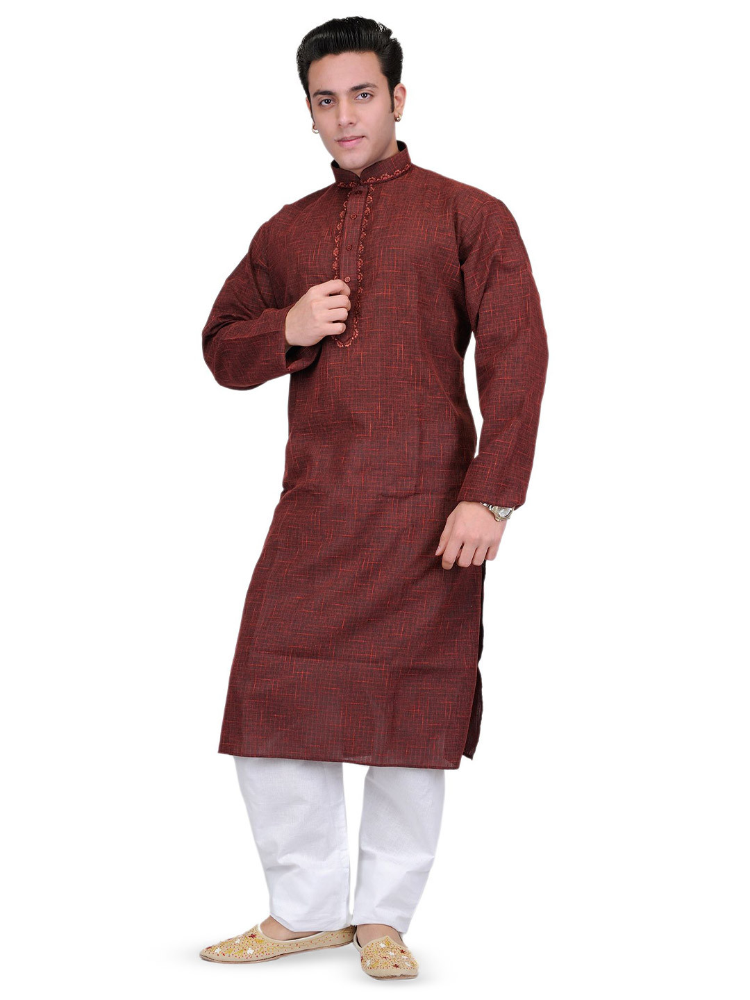 Exotic India Pure Cotton Kurta Pajama with Embroidery Thread Weave